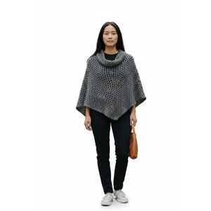 Alpaca Wool Blend Poncho Capelet Chunky Knit Black Gray Wrap OS